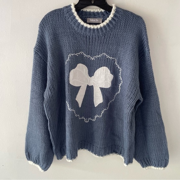 Blue B. Bow Heart Embroidered Blue Acrylic Chunky Knit Sweater 37313 - Picture 2 of 9
